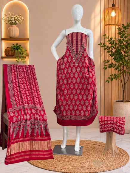 Premium  Ajrakh Hand Block Print Modal Silk 3-Piece Suit Set with Zari Pallu Dupatta