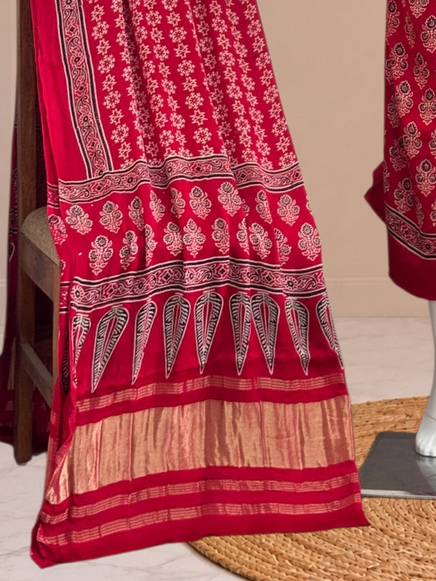Premium  Ajrakh Hand Block Print Modal Silk 3-Piece Suit Set with Zari Pallu Dupatta