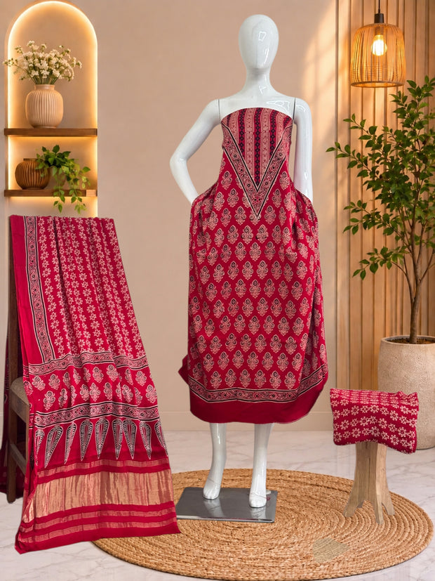 Premium  Ajrakh Hand Block Print Modal Silk 3-Piece Suit Set with Zari Pallu Dupatta