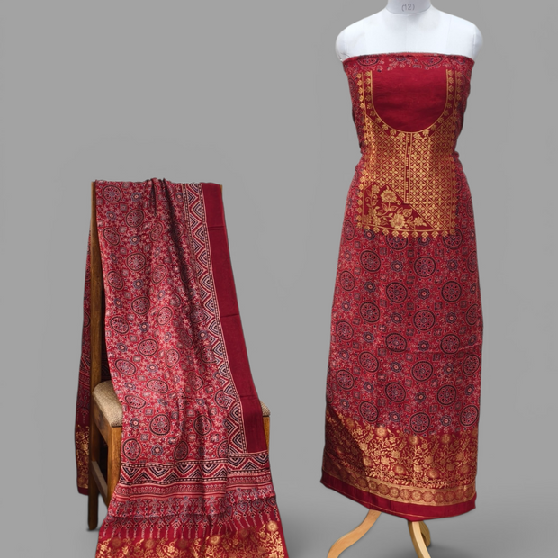 Premium Dola Silk Ajrakh Hand Block Print Natural Dye 2-Piece Suit with Zari Border Dupatta