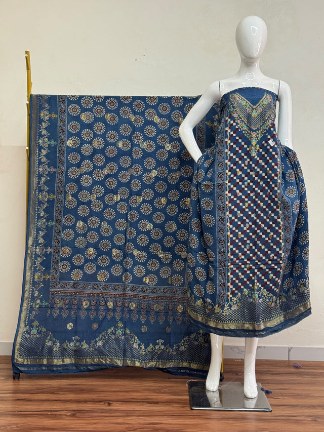 Meena Kari Dola Silk Ajrakh Hand Block Print 2-Piece Suit 07 - The Ajrakh Studio