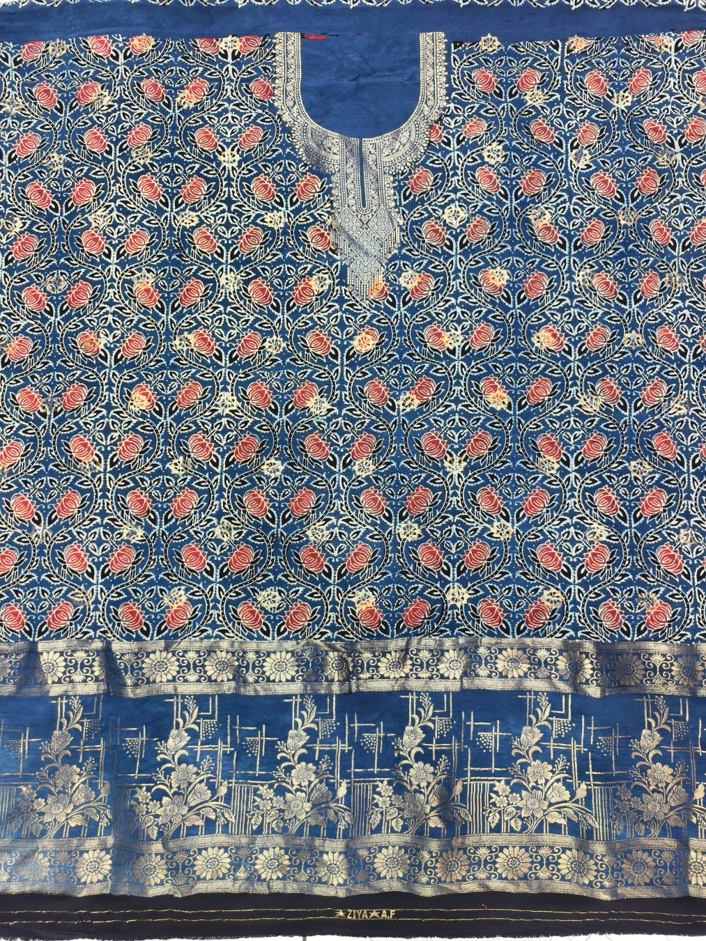 Premium Dola Silk Ajrakh Hand Block Print Natural Dye 2-Piece Suit with Zari Border Dupatta