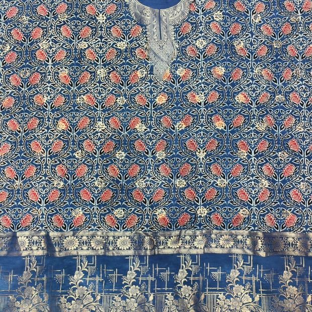 Premium Dola Silk Ajrakh Hand Block Print Natural Dye 2-Piece Suit with Zari Border Dupatta