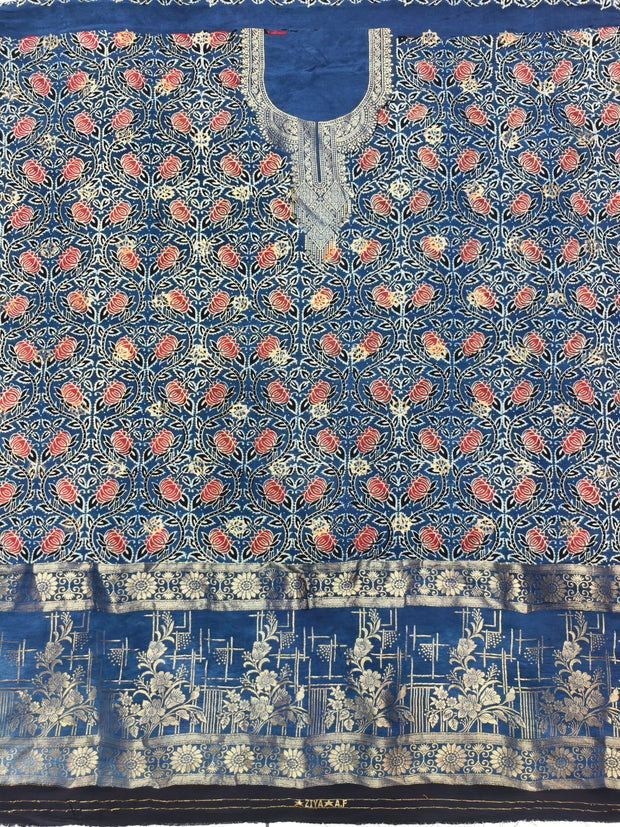 Premium Dola Silk Ajrakh Hand Block Print Natural Dye 2-Piece Suit with Zari Border Dupatta