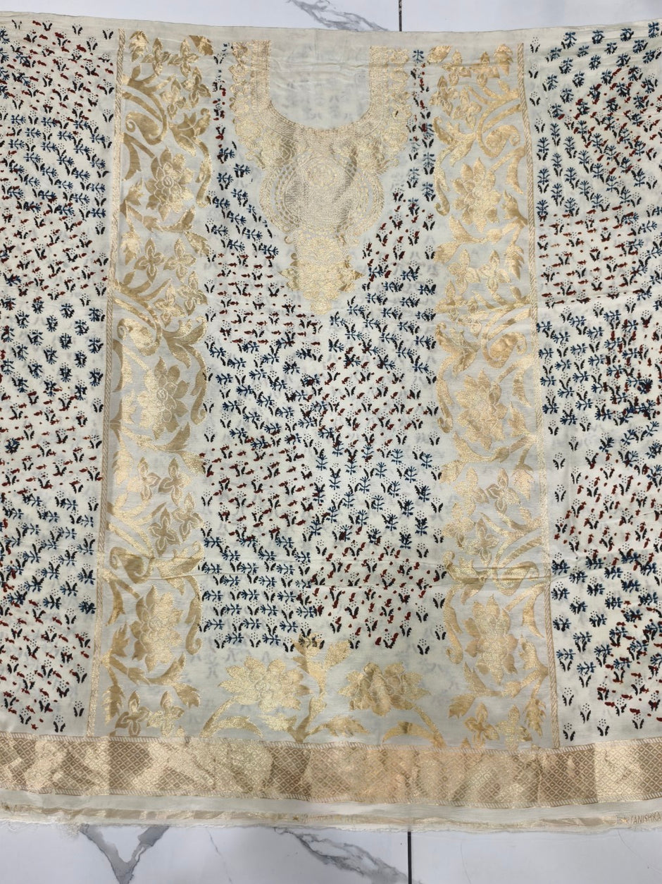 Premium Dola Silk Ajrakh Hand Block Print Natural Dye 2-Piece Suit with Zari Border Dupatta
