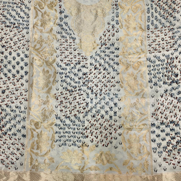 Premium Dola Silk Ajrakh Hand Block Print Natural Dye 2-Piece Suit with Zari Border Dupatta