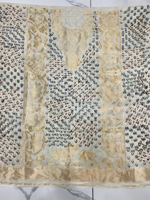 Premium Dola Silk Ajrakh Hand Block Print Natural Dye 2-Piece Suit with Zari Border Dupatta