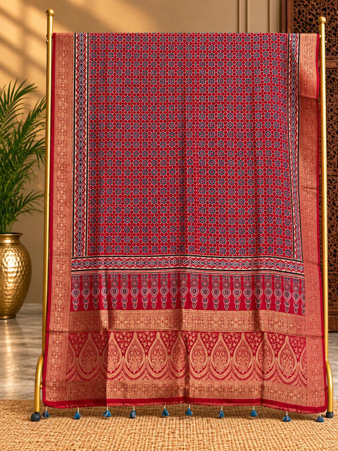 Dola Silk Ajrakh Hand Block Print Natural Dye Dupatta - The Ajrakh Studio
