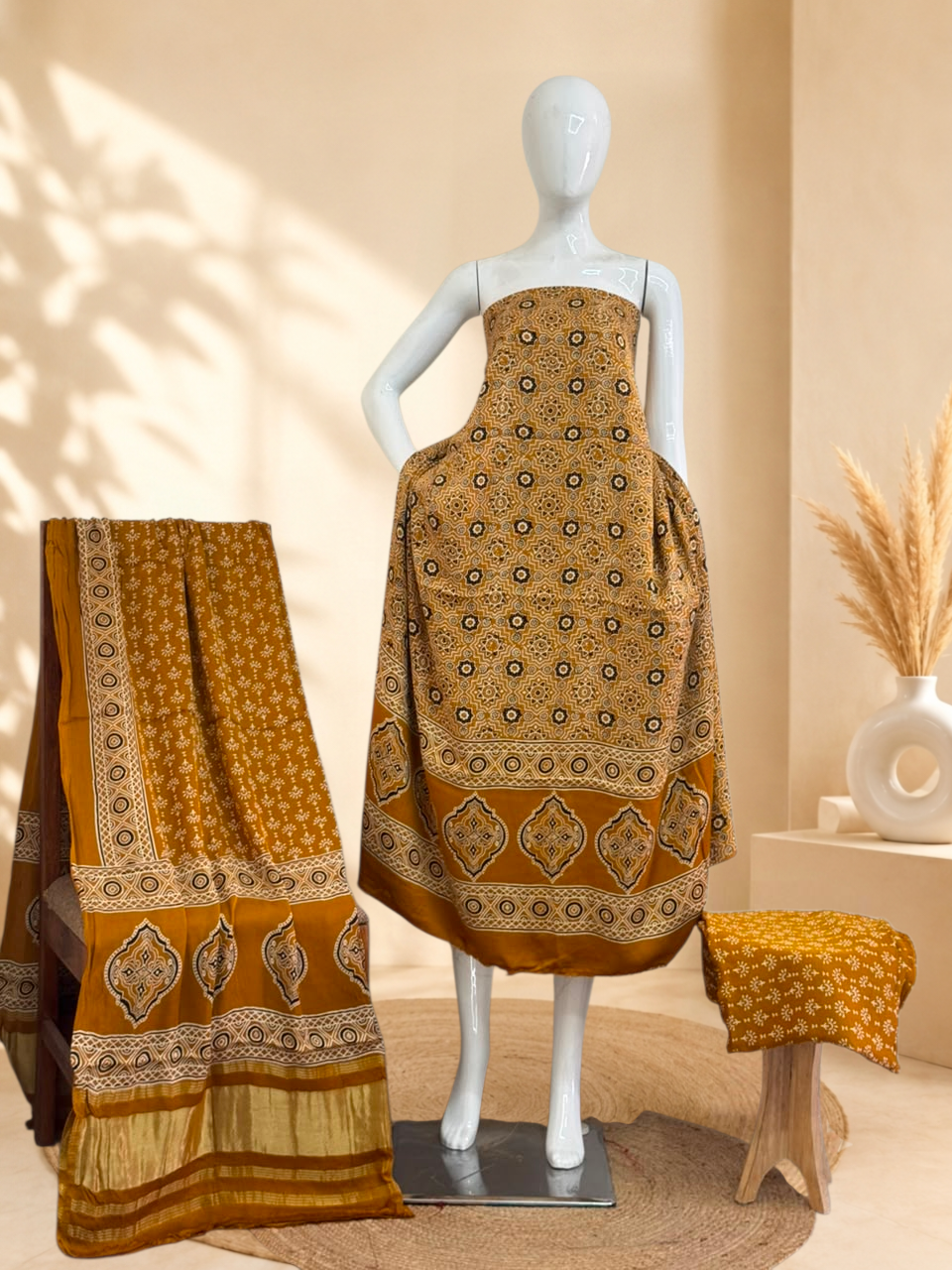 Premium Ajrakh Hand Block Print Modal Silk 3-Piece Suit Set with Zari Pallu Dupatta