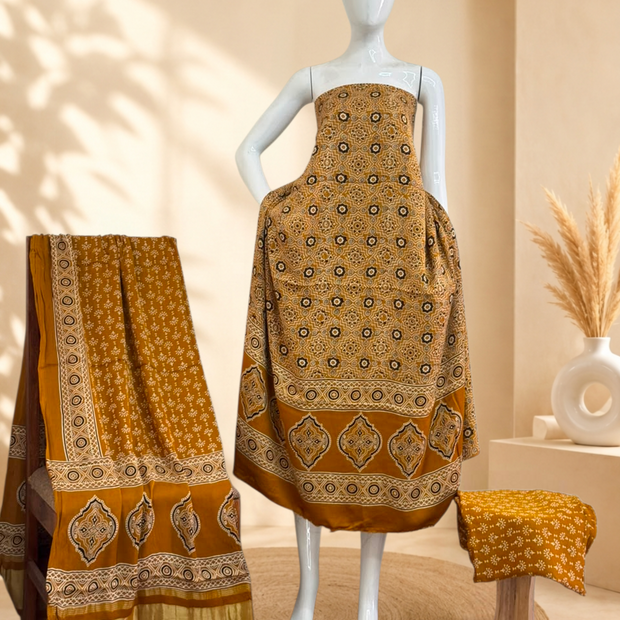 Premium Ajrakh Hand Block Print Modal Silk 3-Piece Suit Set with Zari Pallu Dupatta