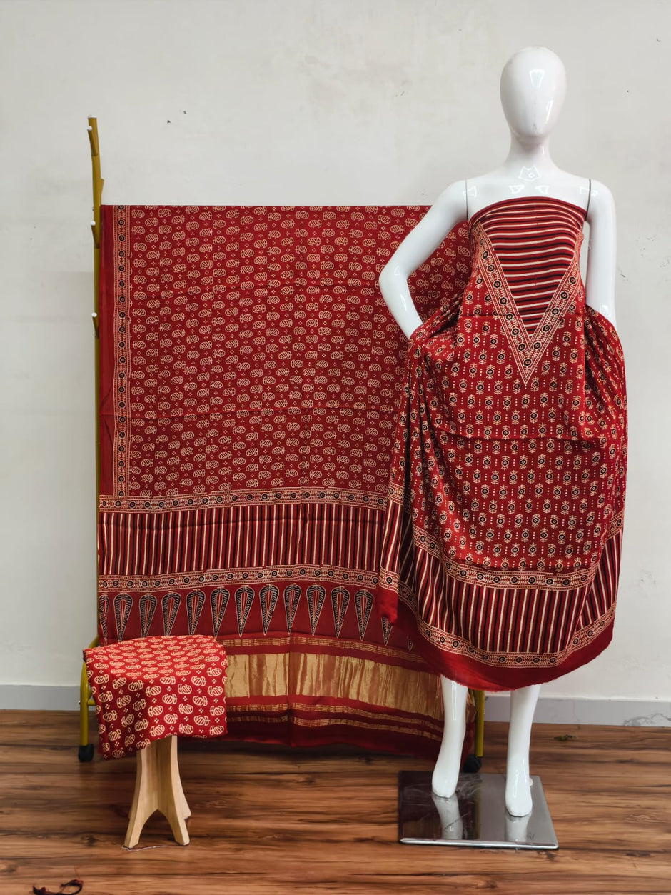 Havi Modal Silk Ajrakh Neptol Dye & Discharge Print Panel Design 3-Piece Suit - The Ajrakh Studio