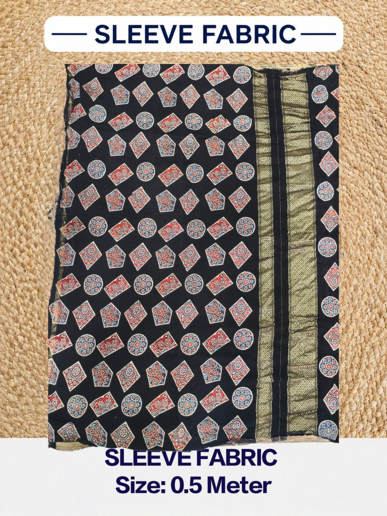 Premium Dola Silk Ajrakh Hand Block Print Natural Dye 2-Piece Suit with Zari Border Dupatta