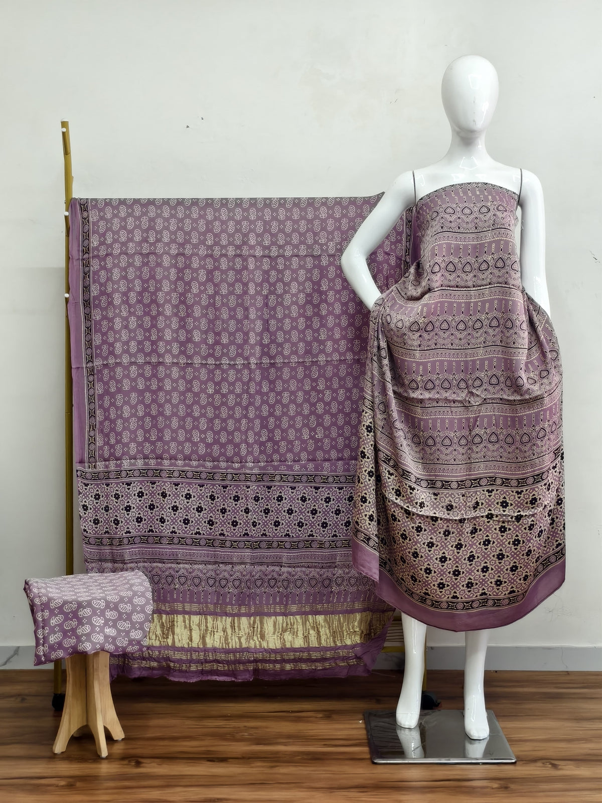 Havi Modal Silk Ajrakh Neptol Dye & Discharge Print Panel Design 3-Piece Suit - The Ajrakh Studio