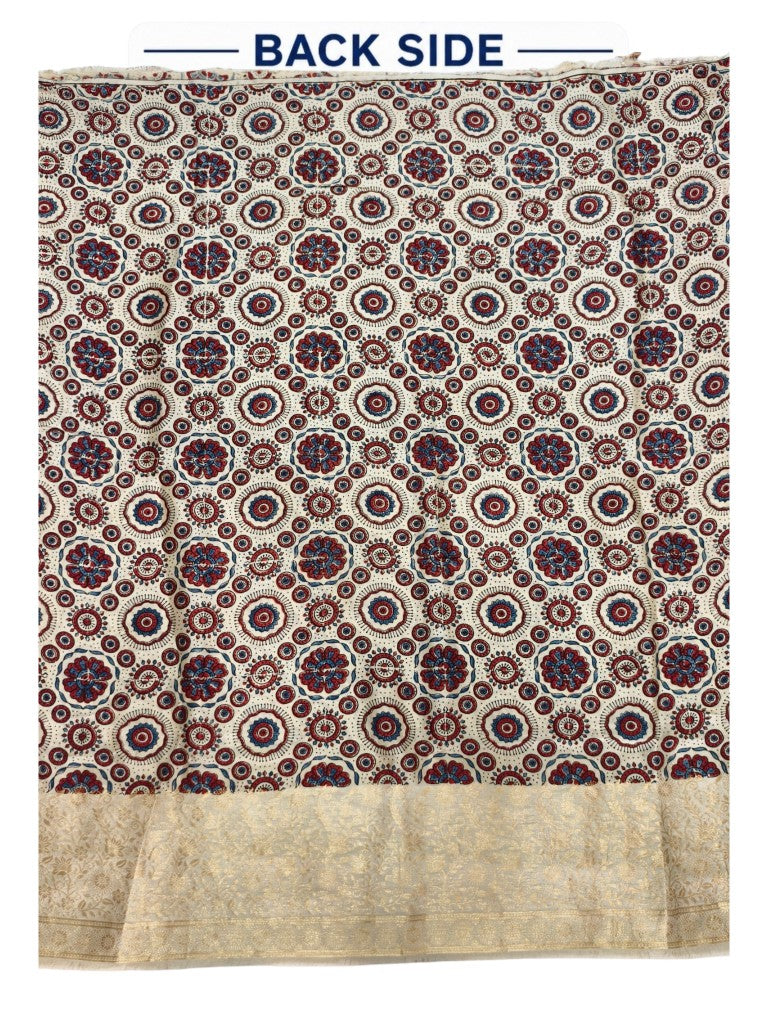 Premium Dola Silk Ajrakh Hand Block Print Natural Dye 2-Piece Suit with Zari Border Dupatta