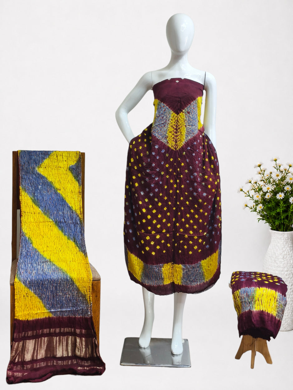 Multi-Color Shibori Modal Silk Unstitched Suit with Bandhani Border & Zari Dupatta