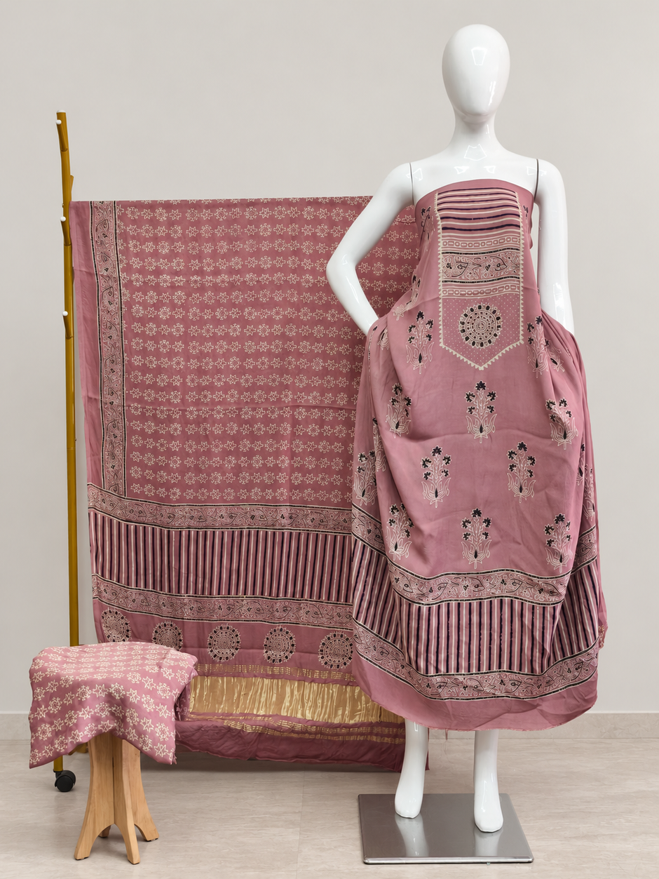 Havi Modal Silk Ajrakh Neptol Dye & Discharge Print Panel Design 3-Piece Suit - The Ajrakh Studio