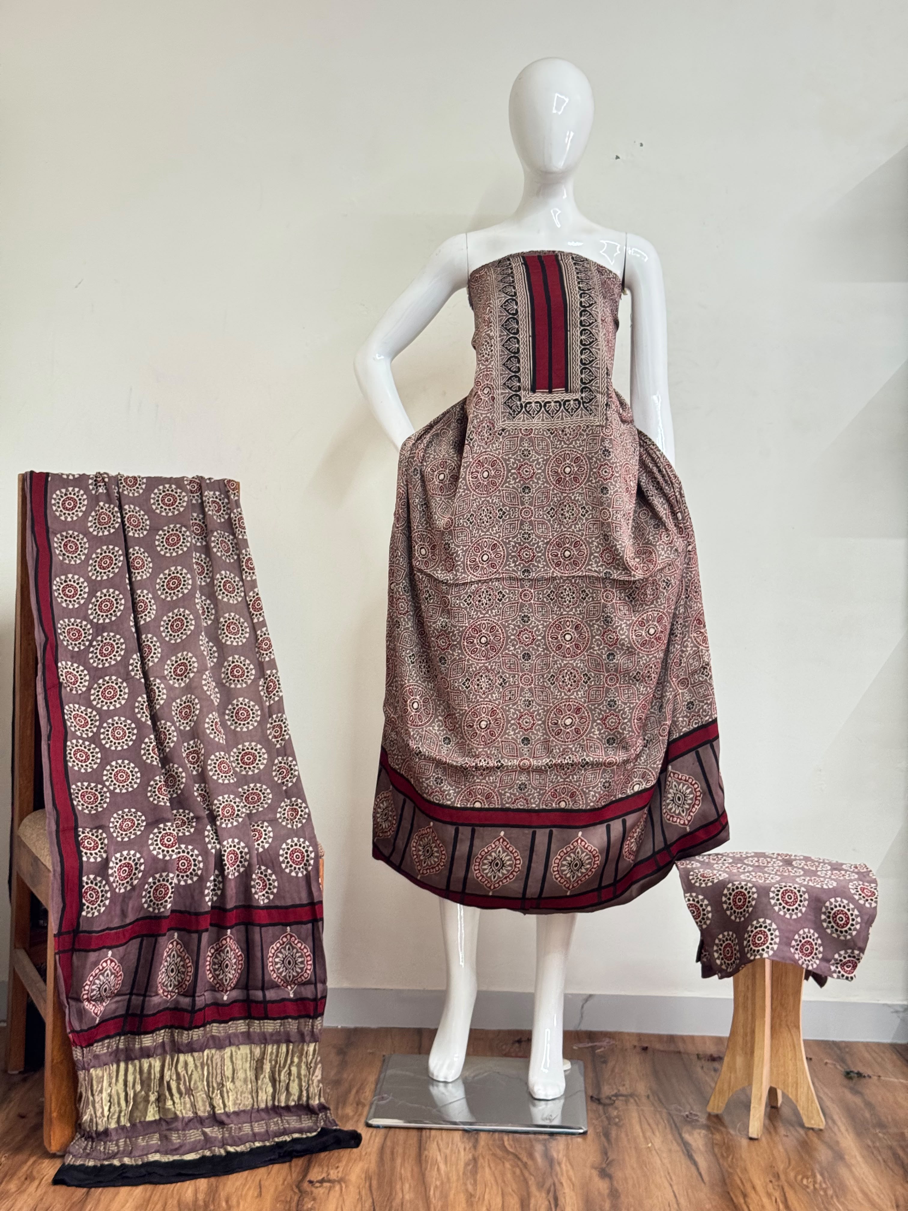 Ajrakh Hand Block Print Natural Dye Pure Modal Silk 3 Piece Suit with Zari Pallu Dupatta