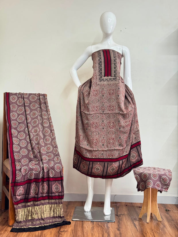 Ajrakh Hand Block Print Natural Dye Pure Modal Silk 3 Piece Suit with Zari Pallu Dupatta
