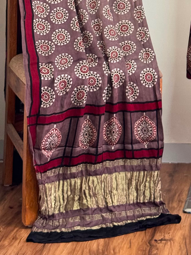 Ajrakh Hand Block Print Natural Dye Pure Modal Silk 3 Piece Suit with Zari Pallu Dupatta
