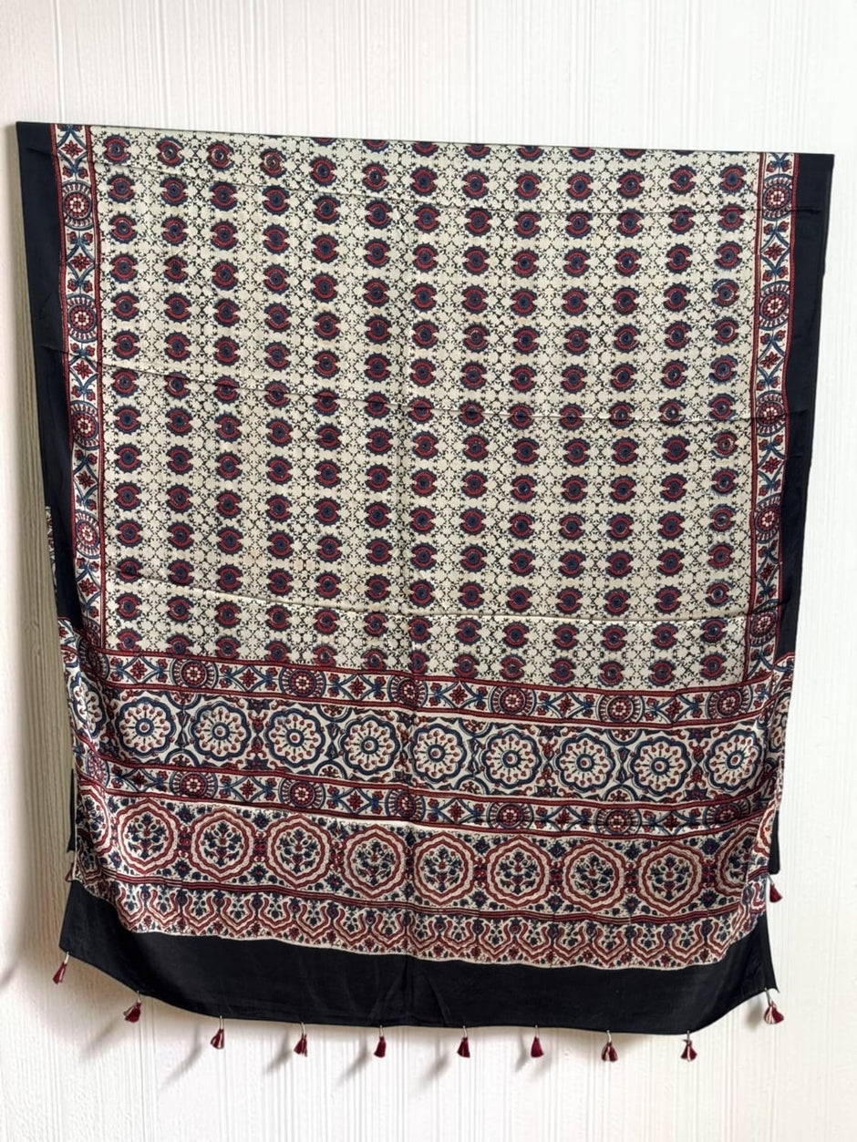 Ajrakh Modal Silk Natural Dye Dupatta with Tassels 38 - The Ajrakh Studio
