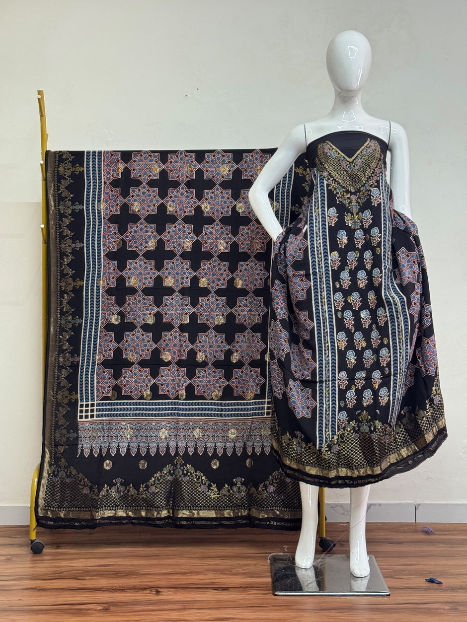 Meena Kari Dola Silk Ajrakh Hand Block Print 2-Piece Suit 09 - The Ajrakh Studio