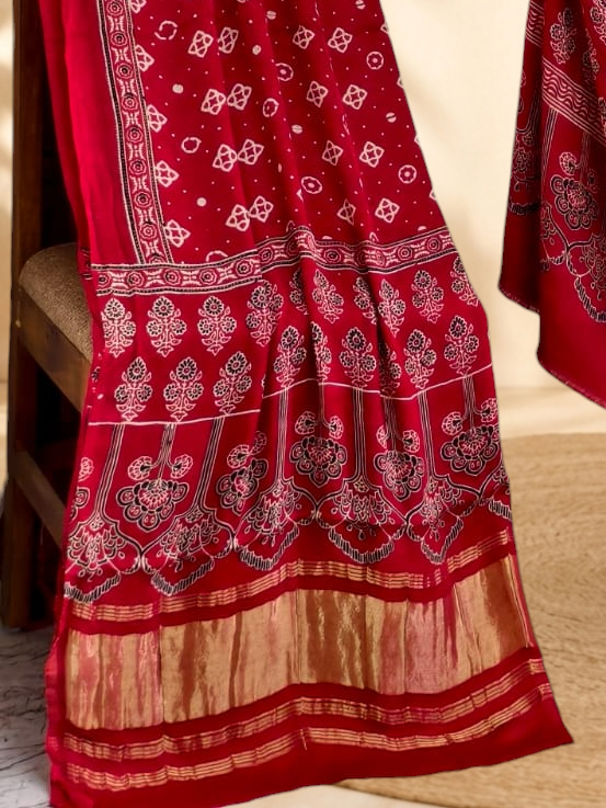 Premium Ajrakh Hand Block Print Modal Silk 3-Piece Suit Set with Zari Pallu Dupatta