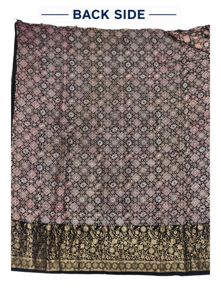 Premium Dola Silk Ajrakh Hand Block Print Natural Dye 2-Piece Suit with Zari Border Dupatta