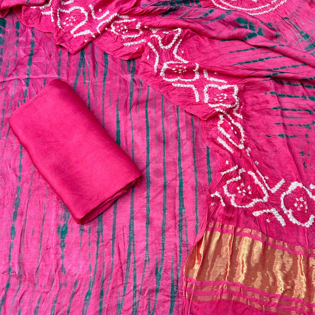 Pink & green Modal Silk Tie & Dye Bandhani Dupatta 3 Piece Suits