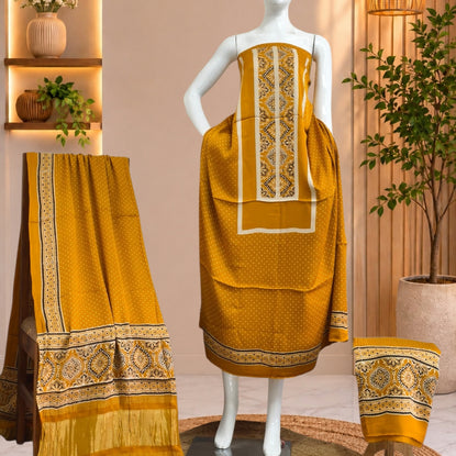 Premium  Ajrakh Hand Block Print Modal Silk 3-Piece Suit Set with Zari Pallu Dupatta