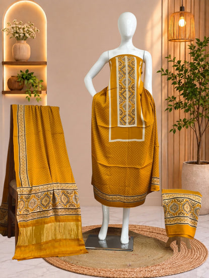 Premium  Ajrakh Hand Block Print Modal Silk 3-Piece Suit Set with Zari Pallu Dupatta