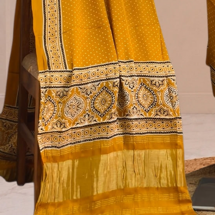 Premium  Ajrakh Hand Block Print Modal Silk 3-Piece Suit Set with Zari Pallu Dupatta