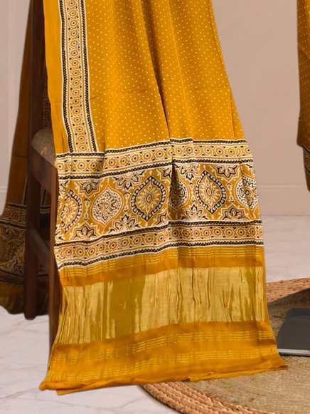 Premium  Ajrakh Hand Block Print Modal Silk 3-Piece Suit Set with Zari Pallu Dupatta