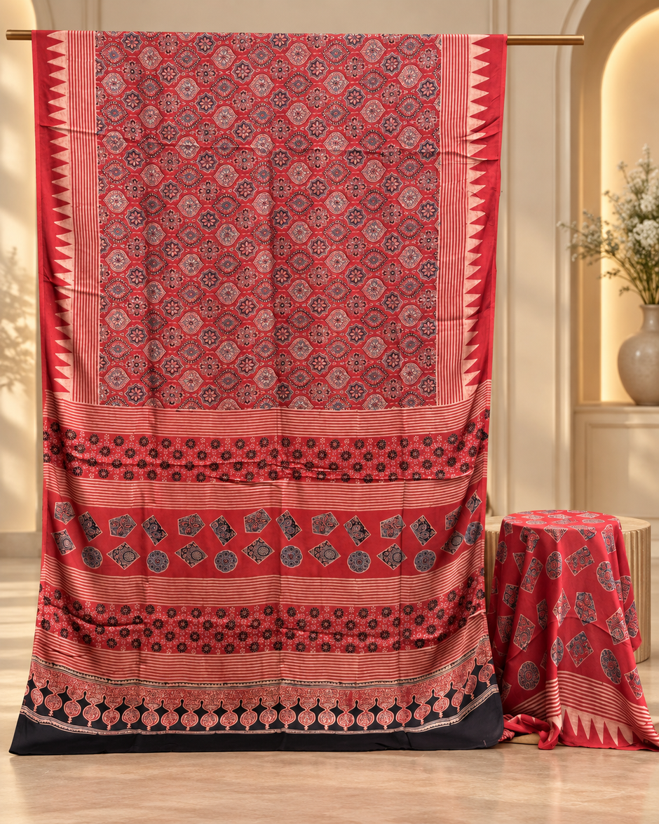 Elegant Modal Silk Ajrakh Hand Block Print Natural Dye Saree - The Ajrakh Studio