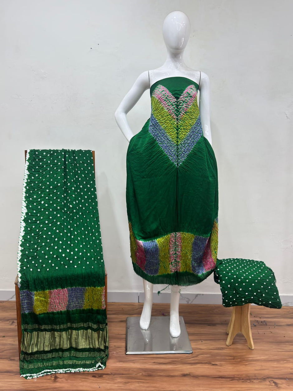 Modal Silk Multi Shibori Neck Daman Patta Zari Pallu Suit 04 - The Ajrakh Studio
