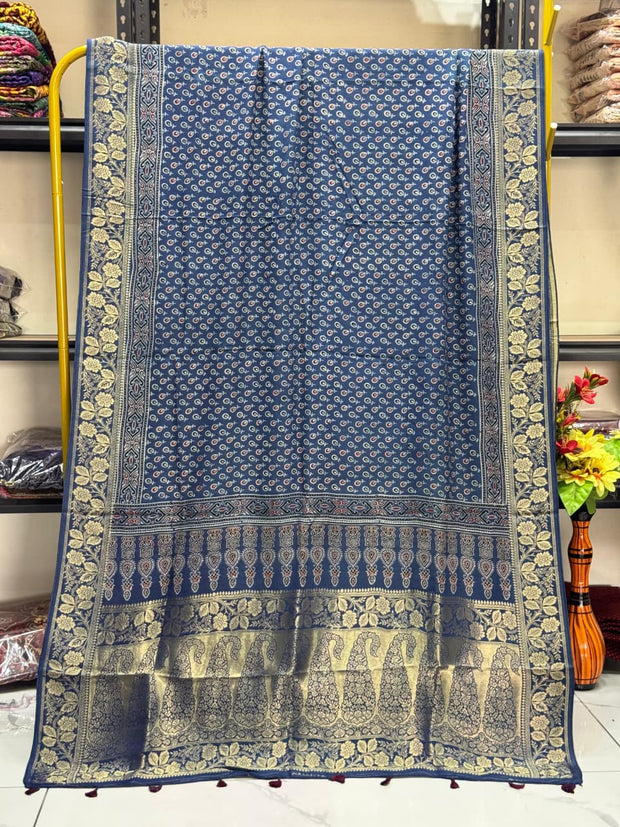Dola Silk Ajrakh Hand Block Print Natural Dye Zari Pallu Dupatta 14 - The Ajrakh Studio