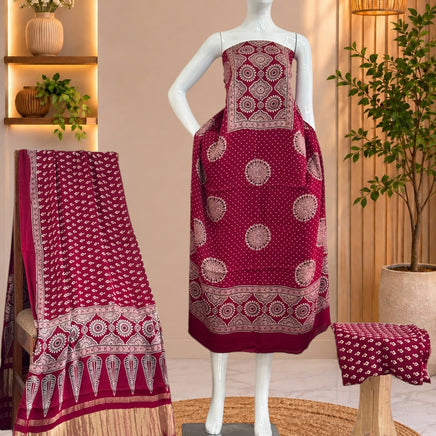 Premium  Ajrakh Hand Block Print Modal Silk 3-Piece Suit Set with Zari Pallu Dupatta