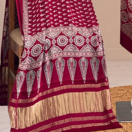 Premium  Ajrakh Hand Block Print Modal Silk 3-Piece Suit Set with Zari Pallu Dupatta