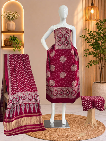 Premium  Ajrakh Hand Block Print Modal Silk 3-Piece Suit Set with Zari Pallu Dupatta