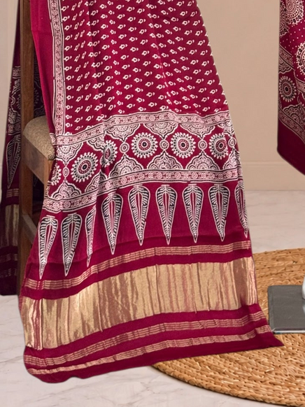 Premium  Ajrakh Hand Block Print Modal Silk 3-Piece Suit Set with Zari Pallu Dupatta