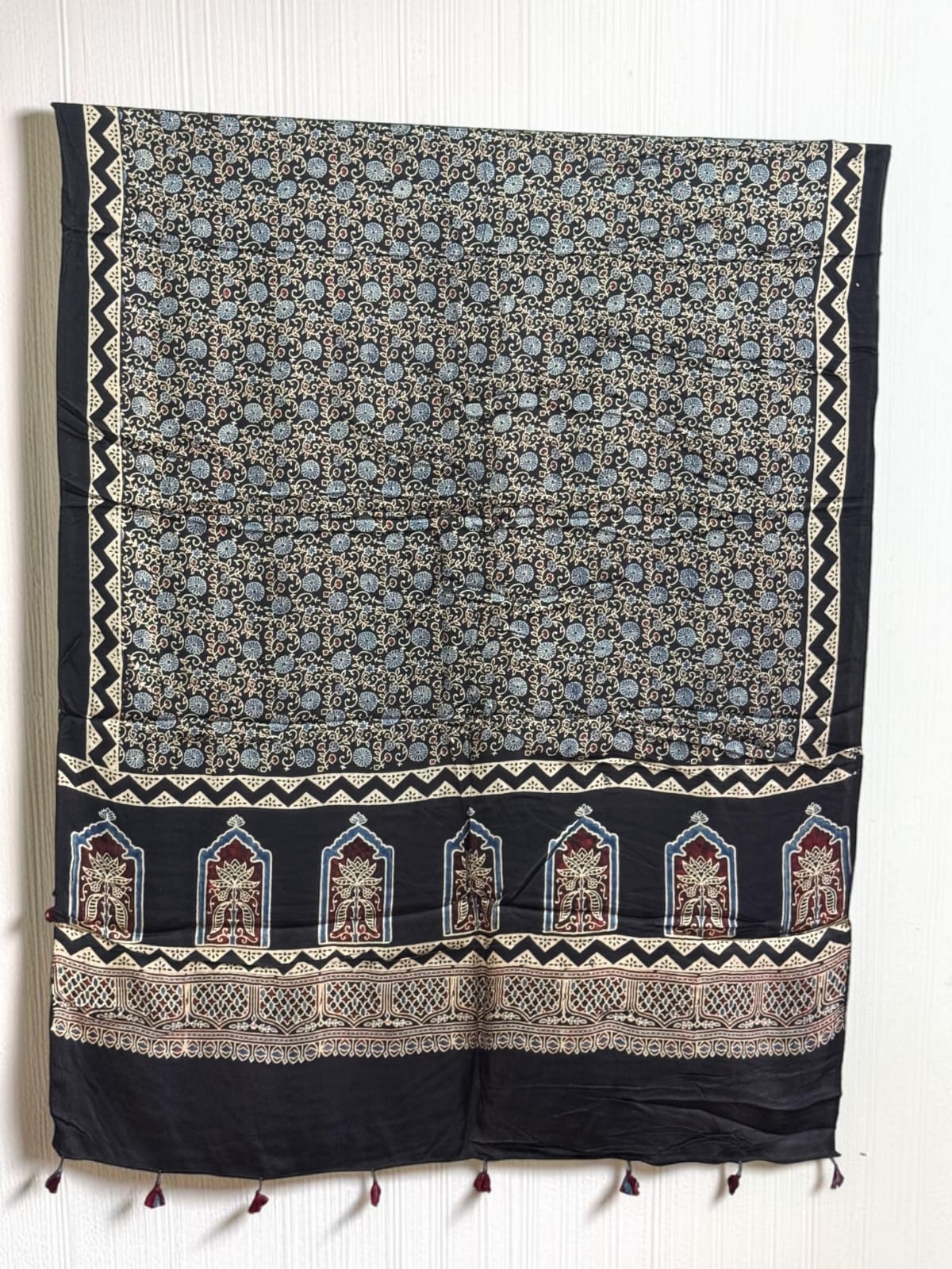 Ajrakh Modal Silk Natural Dye Dupatta with Tassels 14 - The Ajrakh Studio