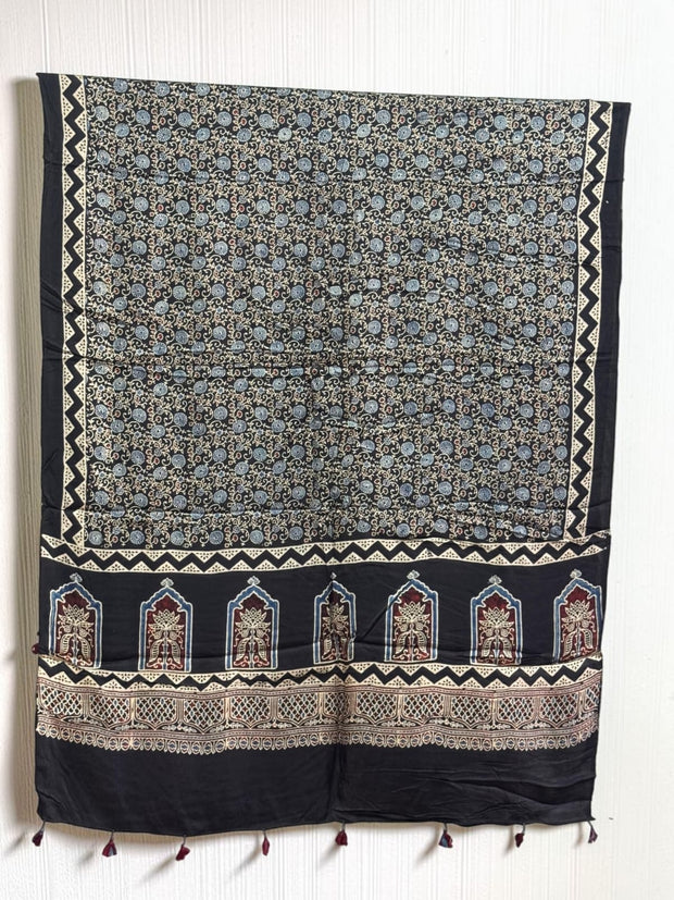 Ajrakh Modal Silk Natural Dye Dupatta with Tassels 14 - The Ajrakh Studio