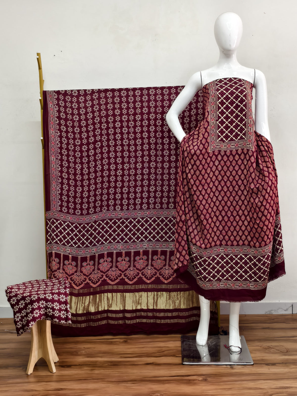 Havi Modal Silk Ajrakh Neptol Dye & Discharge Print Panel Design 3-Piece Suit - The Ajrakh Studio