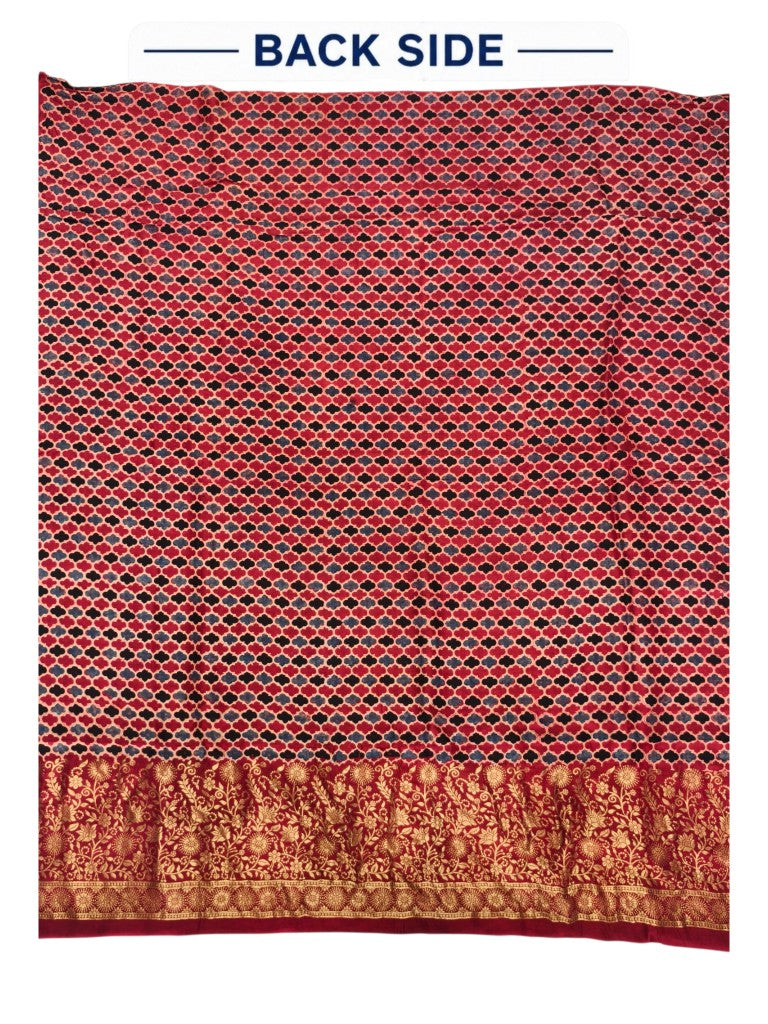 Premium Dola Silk Ajrakh Hand Block Print Natural Dye 2-Piece Suit with Zari Border Dupatta