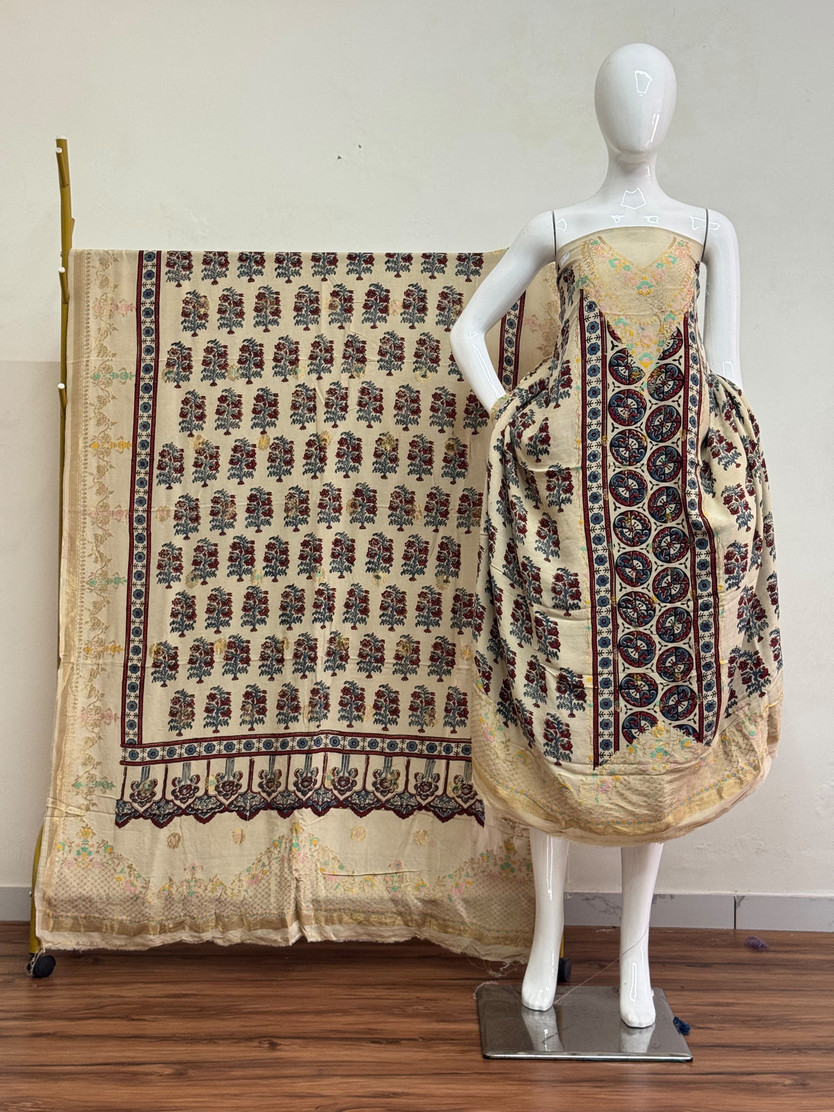 Meena Kari Dola Silk Ajrakh Hand Block Print 2-Piece Suit 04 - The Ajrakh Studio