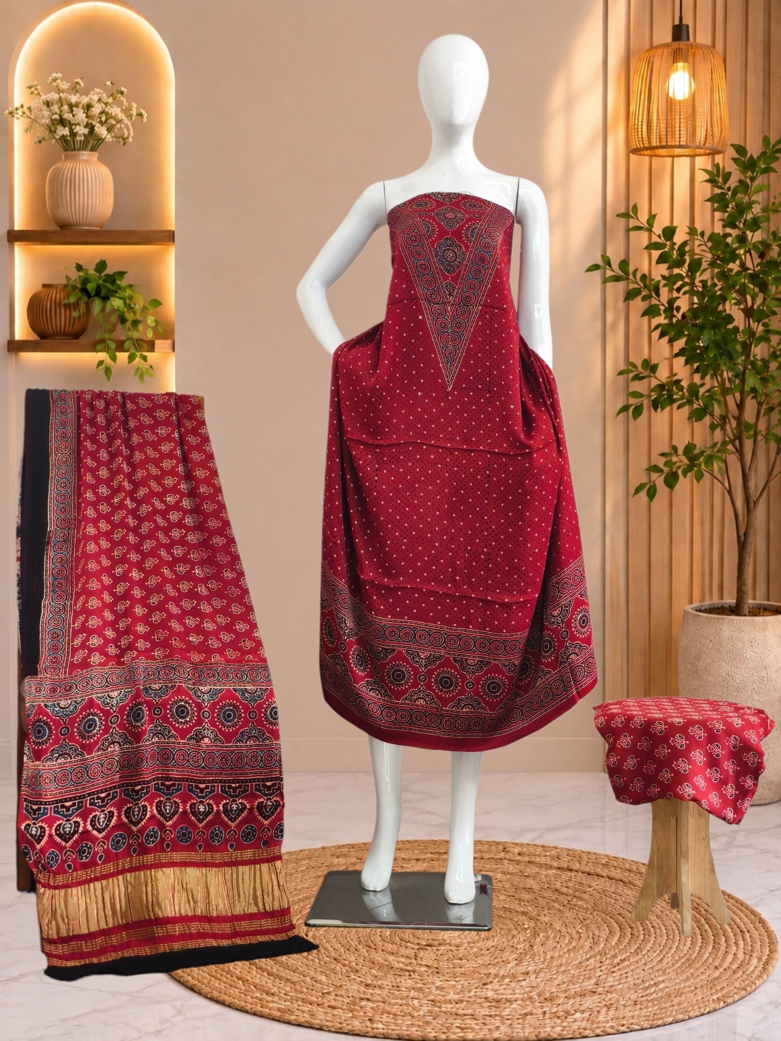 Ajrakh Hand Block Print Natural Dye Pure Modal Silk 3 Piece Suit with Zari Pallu Dupatta