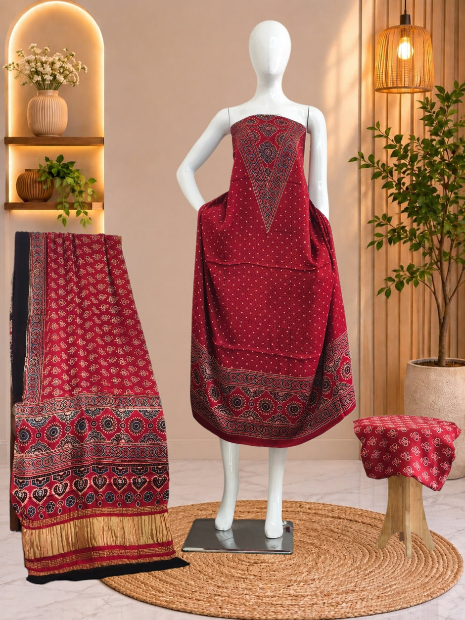 Ajrakh Hand Block Print Natural Dye Pure Modal Silk 3 Piece Suit with Zari Pallu Dupatta