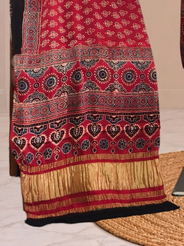 Ajrakh Hand Block Print Natural Dye Pure Modal Silk 3 Piece Suit with Zari Pallu Dupatta