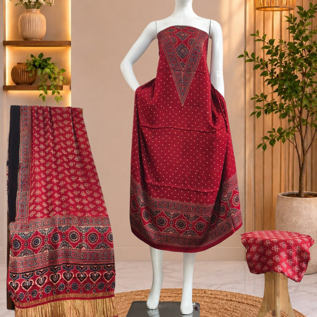 Ajrakh Hand Block Print Natural Dye Pure Modal Silk 3 Piece Suit with Zari Pallu Dupatta