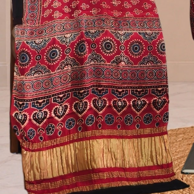 Ajrakh Hand Block Print Natural Dye Pure Modal Silk 3 Piece Suit with Zari Pallu Dupatta