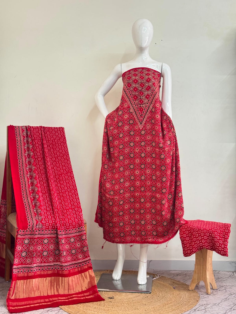 Premium  Ajrakh Hand Block Print Modal Silk 3-Piece Suit Set with Zari Pallu Dupatta